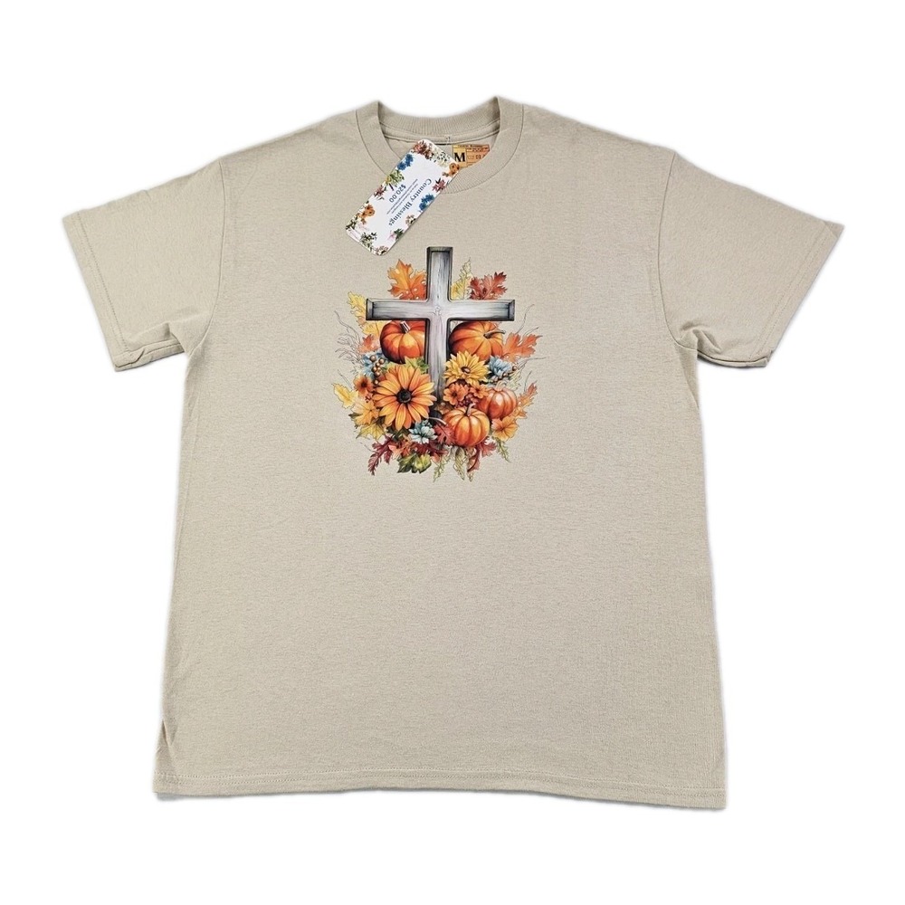 Cross‎ Flowers Pumpkins Leaves Fall Seasonal Colorful Shirt Medium Gift Hayride